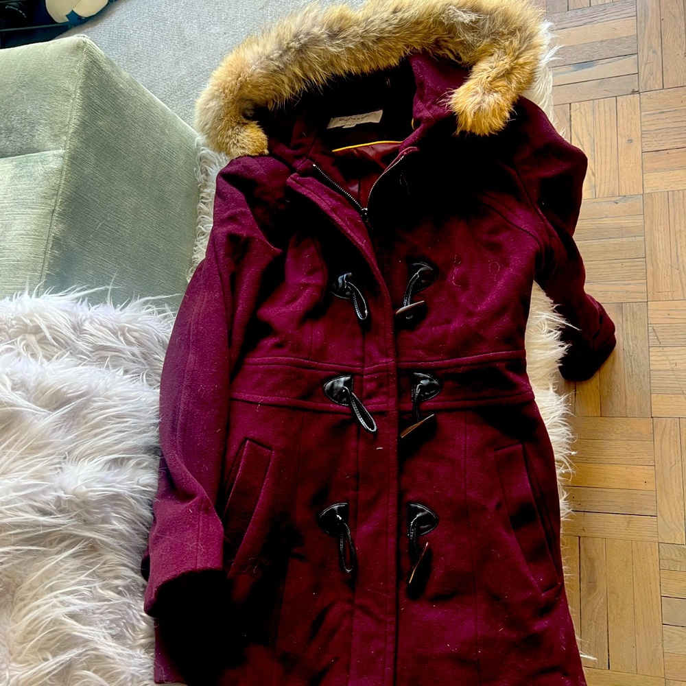Michael Kors Merlot pea coat with fur hood